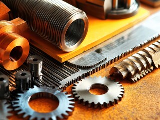 Poster - Close-Up Arrangement of Various Mechanical Parts and Tools Including Gears, Nuts, Bolts, and Metal Sheets Perfect for Industrial and Engineering Backgrounds