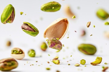 Poster - Pistachios suspended in mid-air, with a background of open pistachio shells