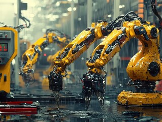 Poster - Advanced Industrial Robotics in Action: Yellow Mechanical Arms Performing Precision Tasks in a High-Tech Factory Environment with Rain Effect