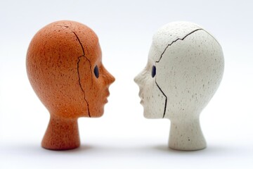 Poster - Two clay heads placed facing each other on a white background, suitable for use in designs about symmetry, duality, or creativity