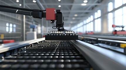 Poster - Robotic Arm in Modern Warehouse Handling Products on Conveyor Belt for Efficient Automation and Streamlined Industrial Operations