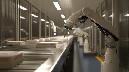 Poster - Advanced Robotic Arm in Modern Automated Warehouse Sorting System with Conveyor Belt Transporting Packages for Efficient Logistics Operations