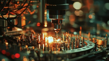 Poster - Close-Up of High-Tech Quantum Chip Processing with Advanced Equipment, Illuminated Elements, and Intricate Circuitry Perfect for Technology and Innovation Themes