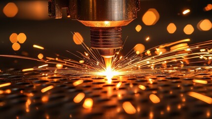 Poster - Intense Close-Up of a Laser Cutting Machine in Action, Emitting Sparks Amidst a Bright Background, Showcasing Precision Metalworking Techniques and Creating Intricate Designs