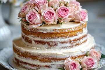 Poster - A delicious-looking cake decorated with pink roses on top