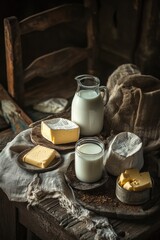 Poster - Fresh dairy products on rustic wood surface, great for food styling or still life photography
