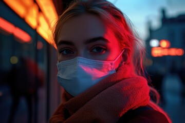 Poster - A woman wearing a face mask walks through a dimly lit area, spotlight on her