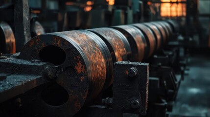 Poster - Industrial Machinery Close-Up of Rolling Mill with Textured Steel, Capturing the Intricate Details and Reflections in a Factory Setting during Golden Hour