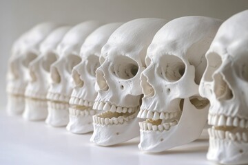 Poster - Row of human skulls sitting on a table, great for Halloween or crime scene themes