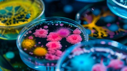 Poster - Petri dishes containing colorful bacteria and viruses are growing in a laboratory, providing a vibrant and scientific scene