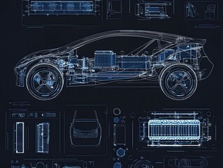 Poster - Detailed Blueprint of an Electric Car Design Featuring Battery Components, Motor Layout, and Technical Specifications for Automotive Innovation and Engineering