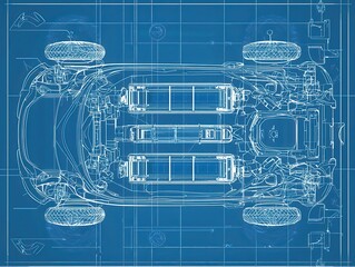 Poster - Detailed Blueprint of a Car Chassis with Components, Showing Technical Drawings, Measurements, and Engineering Specifications for Automotive Design and Construction
