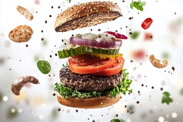 Poster - A juicy burger topped with lettuce, tomato, and onion