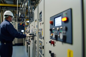 Poster - Industrial Technician Operating Control Panel in High-Tech Facility for Monitoring Systems and Equipment, Focused on Precision and Safety in Manufacturing Environment