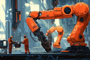 Poster - Advanced Robotic Automation in Manufacturing Facility. Workers Collaborate with High-Tech Machinery for Efficient Production Processes in Modern Industry.