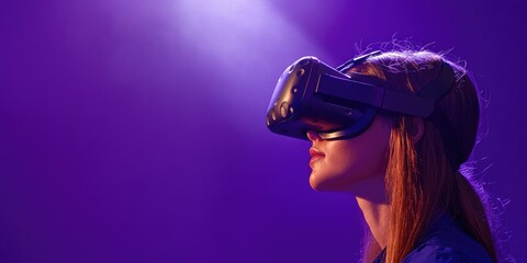 Poster - A person wearing a virtual reality headset in front of a purple background, possibly for gaming or entertainment