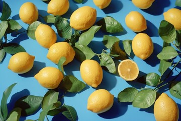 Poster - Fresh lemons with green leaves arranged on a blue background
