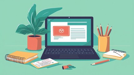 Poster - Stylish Workspace Setup with Laptop, Stationery, Plant, and Notebooks in Bright Colors for Modern Home Office Environment