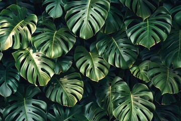 Poster - A bunch of fresh green leaves attached to a wall, suitable for office or home decoration
