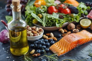 Aufkleber - A bottle of olive oil sits among a variety of fresh fruits and vegetables, ready for cooking or snacking