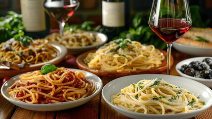 Poster - A table set with pasta dishes and wine glasses