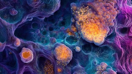 Poster - This visual showcases vibrant cells and structures under microscopic observation, highlighting their unique formations and interactions. Generative AI