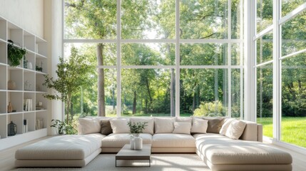 Poster - A modern living room features a spacious layout with large windows that open up to a vibrant garden, inviting natural light and tranquility indoors. Generative AI