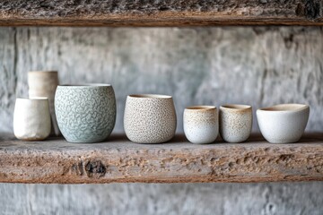 Poster - A collection of cups resting on top of a wooden shelf, ready to be used or displayed