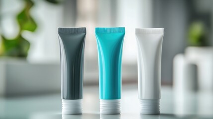 Poster - Three tubes of toothpaste placed on a table surface