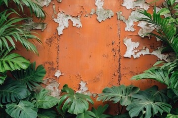 Poster - A close-up shot of a rusted orange wall covered in lush green plants, great for decorative or architectural use