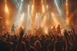 © dyshlivenko - The dynamic rock band captivates the audience with an electrifying performance, surrounded by vibrant lights and enthusiastic fans cheering and enjoying the music at a live concert