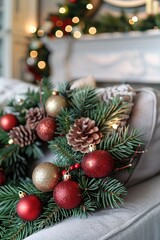 Aufkleber - A festive Christmas wreath made of pine cones and ornaments sits on a cozy couch