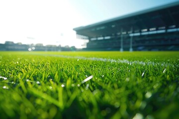 Poster - Close-up view of a soccer field's lush green grass, perfect for sports and outdoor themed designs