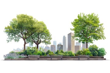Poster - A park with benches and trees in front of a city skyline, ideal for relaxation or contemplation
