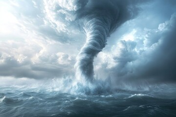 Poster - A massive tornado forms over the ocean, with waves and foam swirling around it