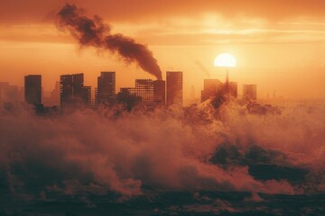 Aufkleber - Sunset in a city with smoke plumes, great for urban or pollution-themed images