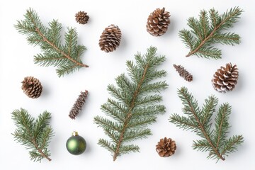 Poster - Close-up of pine cones, fir branches, and decorative ornaments arranged on a white surface