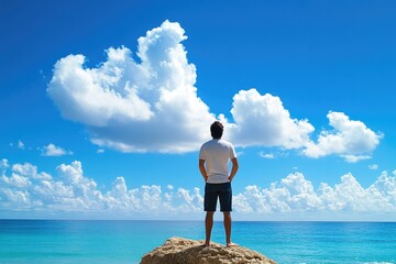 Poster - A person standing on a rocky outcropping, gazing out at the vast ocean
