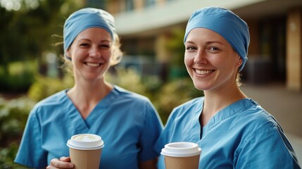 Aufkleber - Two women in scrubs holding cups of coffee, a morning routine for healthcare workers