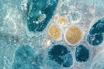 Fototapete - Explore a detailed microscopic view showcasing vibrant cells and unique structures that illustrate complex biological interactions and forms. Generative AI