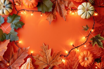 Poster - A seasonal decoration featuring a wreath of pumpkins, leaves, and lights on an orange background