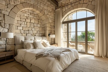 Poster - Cozy bedroom with stone wall and large bed