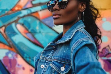 Aufkleber - A woman wearing sunglasses and a denim jacket, perfect for casual outdoor activities