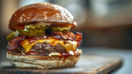 Poster - A juicy cheeseburger with crispy bacon and tangy pickles served on a cutting board
