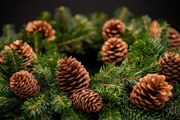 Poster - A natural wreath made of pine cones hangs from the branches of a pine tree