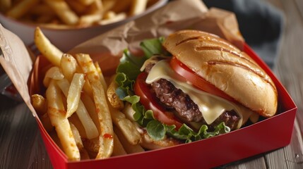 Poster - A close-up shot of a hamburger and French fries in a bright red box, perfect for food photography or promotional materials