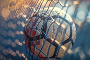 Poster - A close-up view of a soccer ball trapped in a net