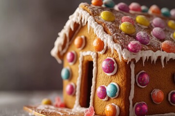 Poster - A detailed view of a colorful gingerbread house decorated with candy sprinkles, perfect for holiday or festive themed projects