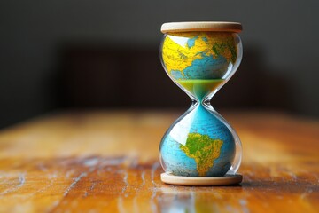 Fototapete - An hourglass with a map of the world, ideal for travel, adventure and exploration