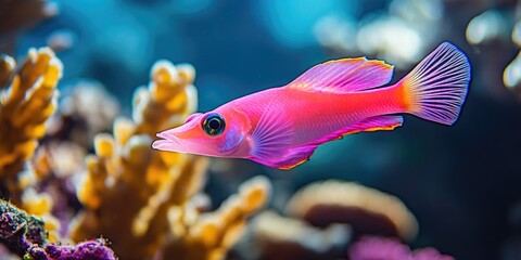 Aufkleber - A vibrant pink fish swims through a colorful coral reef